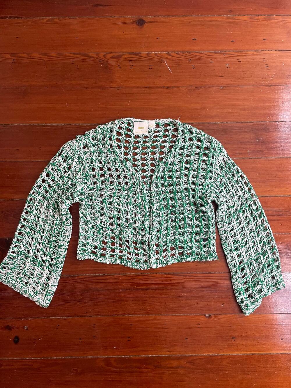 Maeve Anthropologie Open Knit Crochet  Boho Cardigan Green White One Size